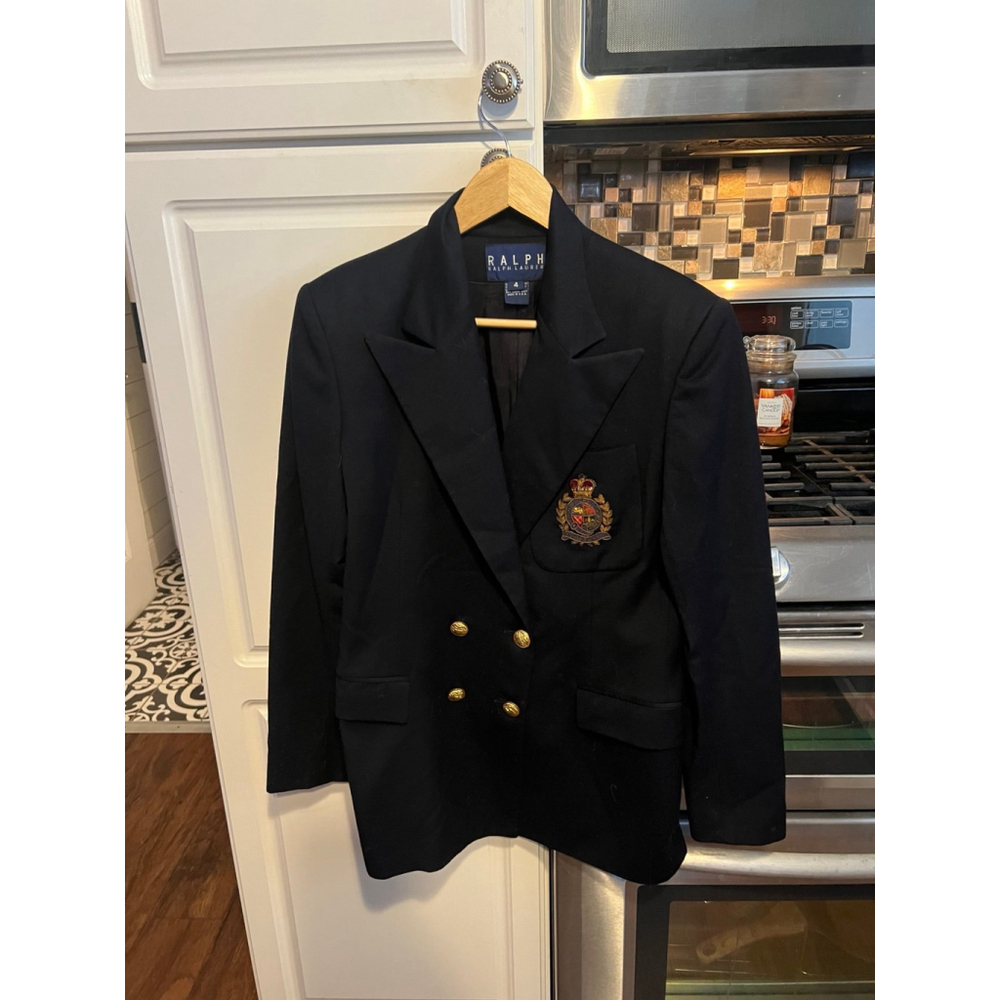 Vintage LAUREN RALPH LAUREN SZ 10 Blazer Jacket Black Royal Bullion Crest Wool